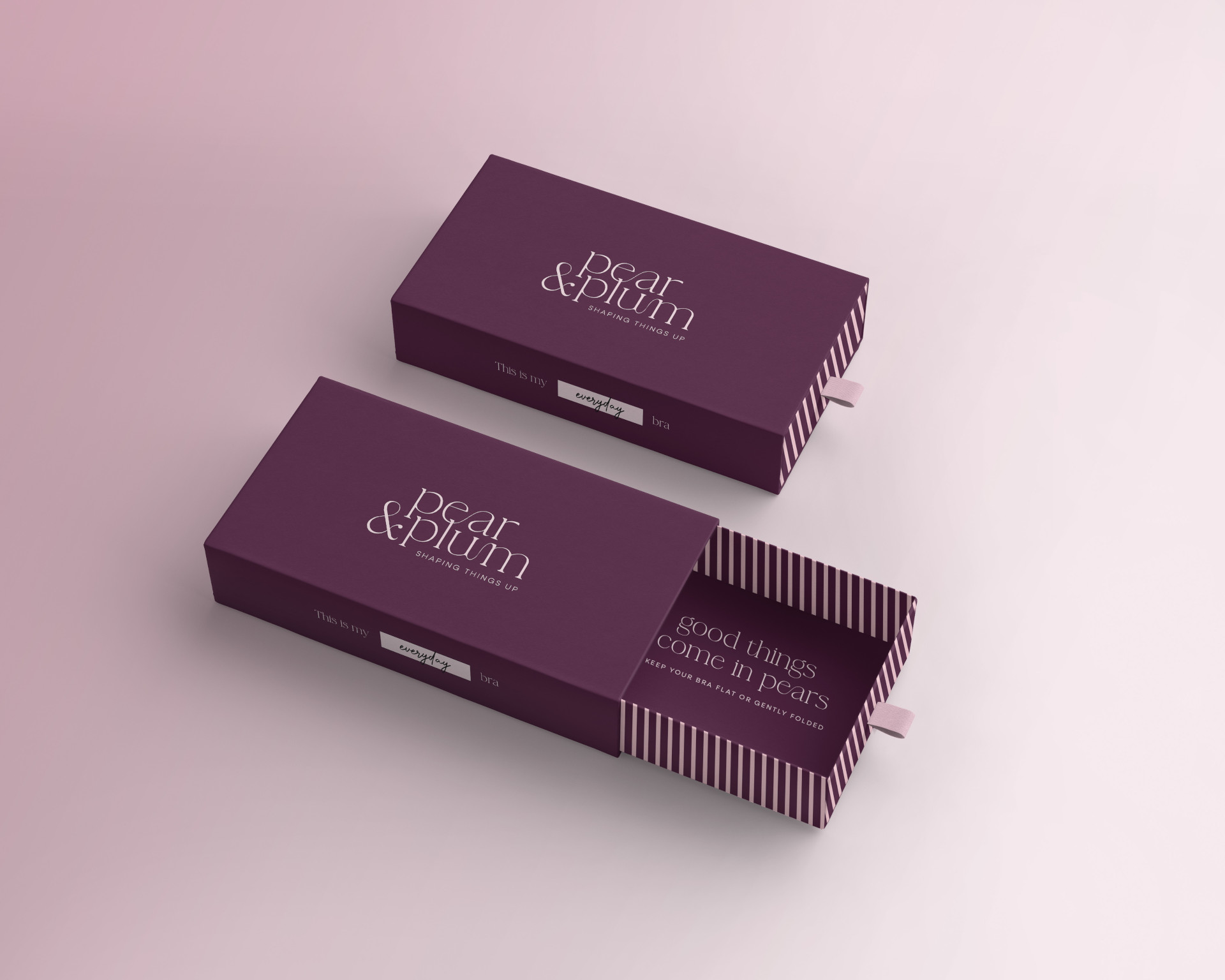 Two purple sliding boxes, one shut and one open, with Pear & Plum brand logo