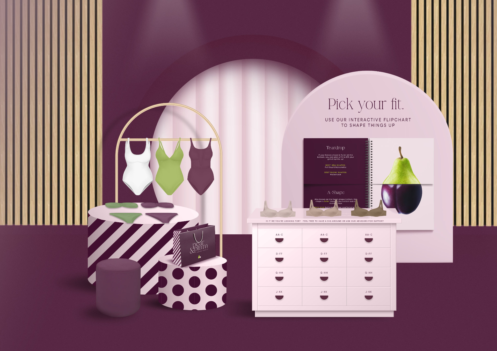 Design of store front with chest of drawers, boxes and clothing from Pear & Plum brand