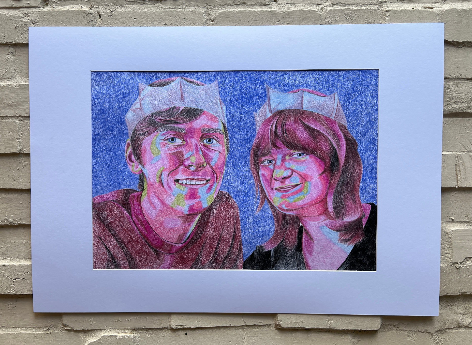 Illustrated portrait of man and woman wearing party hats