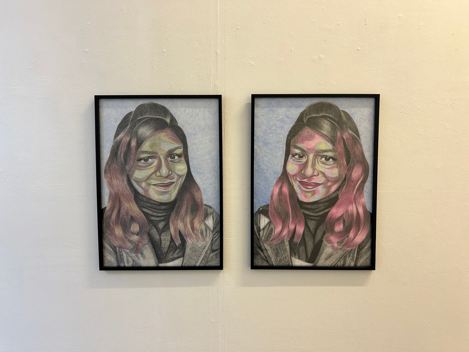 Two illustrated portraits of same woman from opposing angles