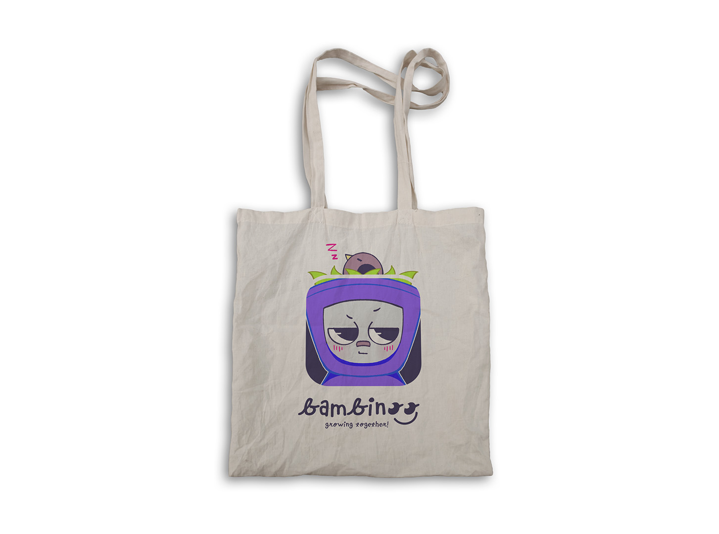 Tote bag with purple Bambinoo character design