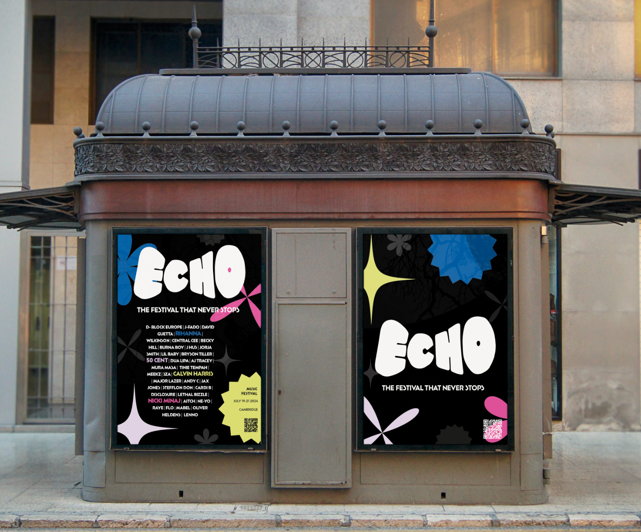 Street kiosk with two Echo posters on it