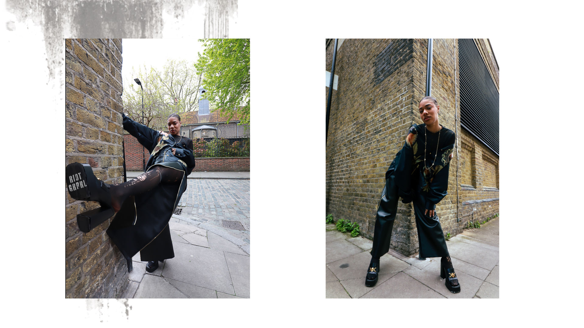 Two photos of young woman wearing leather and textile trouser outfit on street