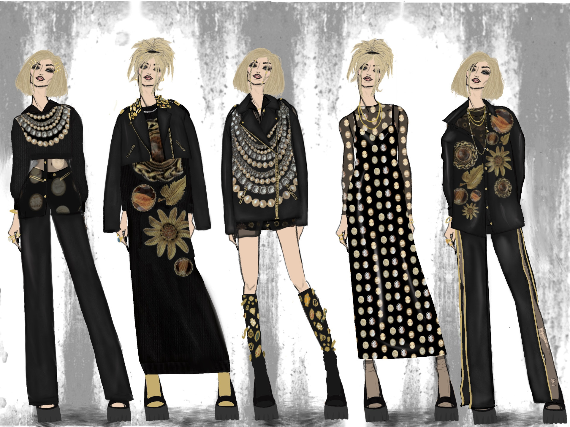 Illustration of five women wearing different black and gold outfit designs