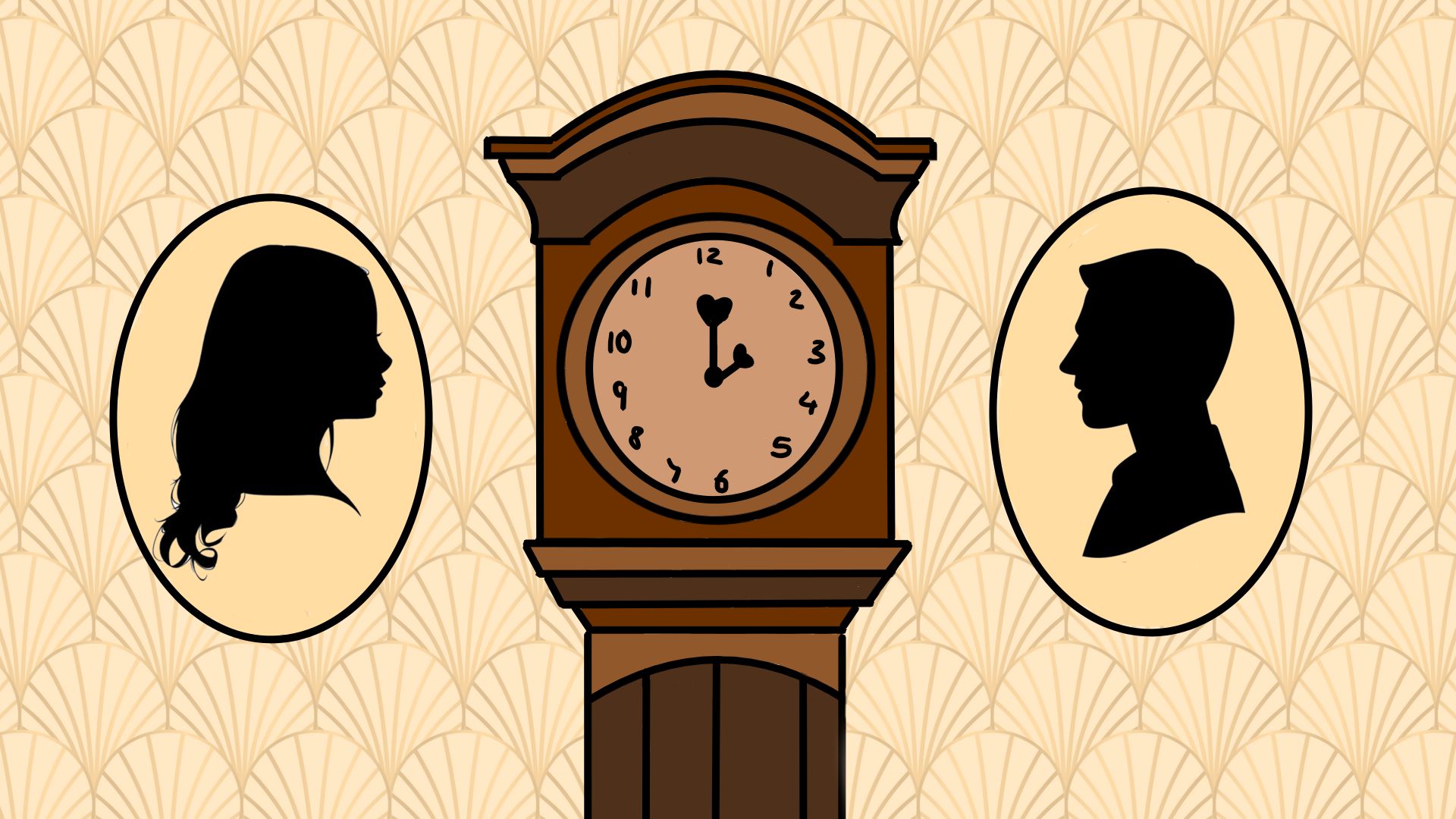 Illustration of a grandfather clock between silhouettes of a woman and a man