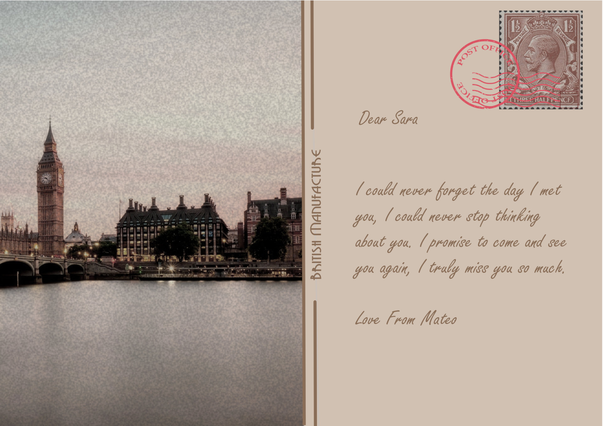 A postcard of Westminster from Mateo to Sara