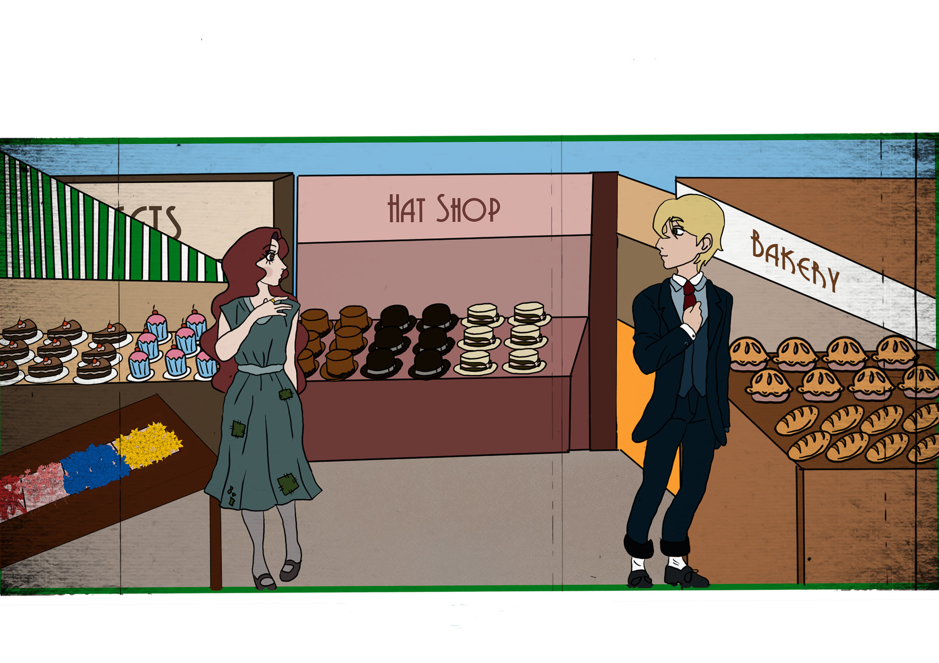 Illustration of woman and man in market