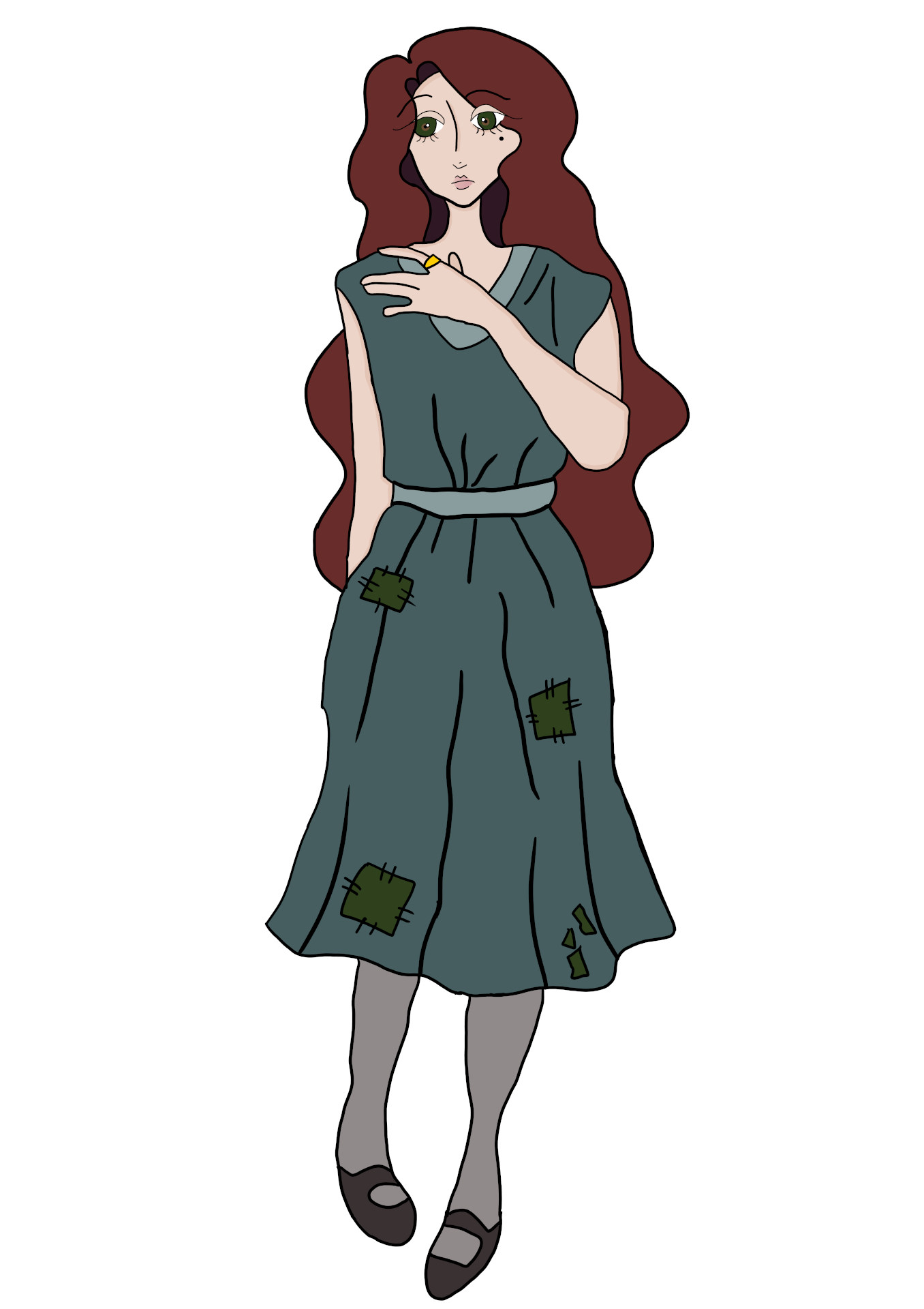 Illustration of woman in green dress with patches