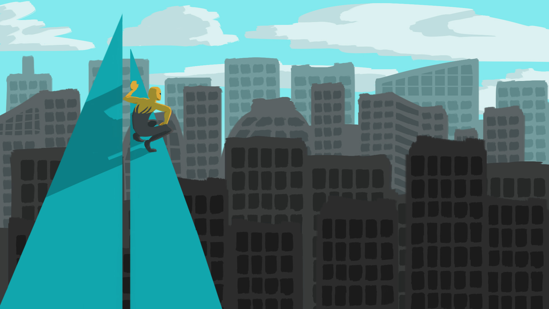 Illustration of man in spider costume on top of the Shard in London