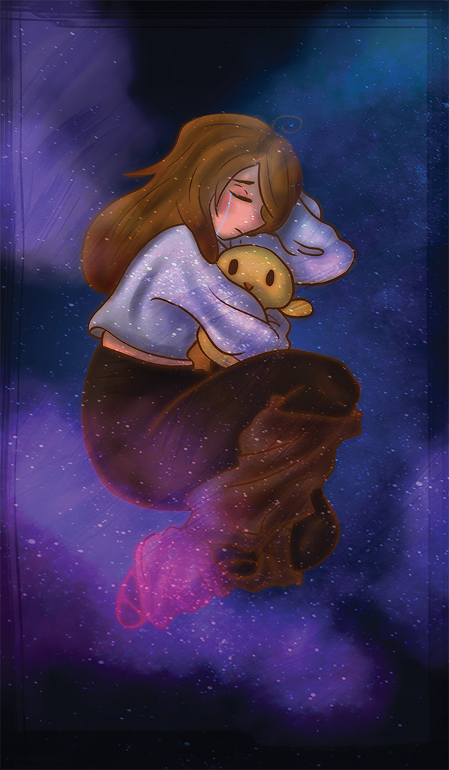 Illustration of young girl lying down crying and holding teddy bear