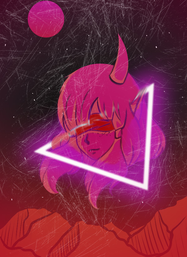 Illustration of blindfolded girl with horn on head surrounded by pink triangle