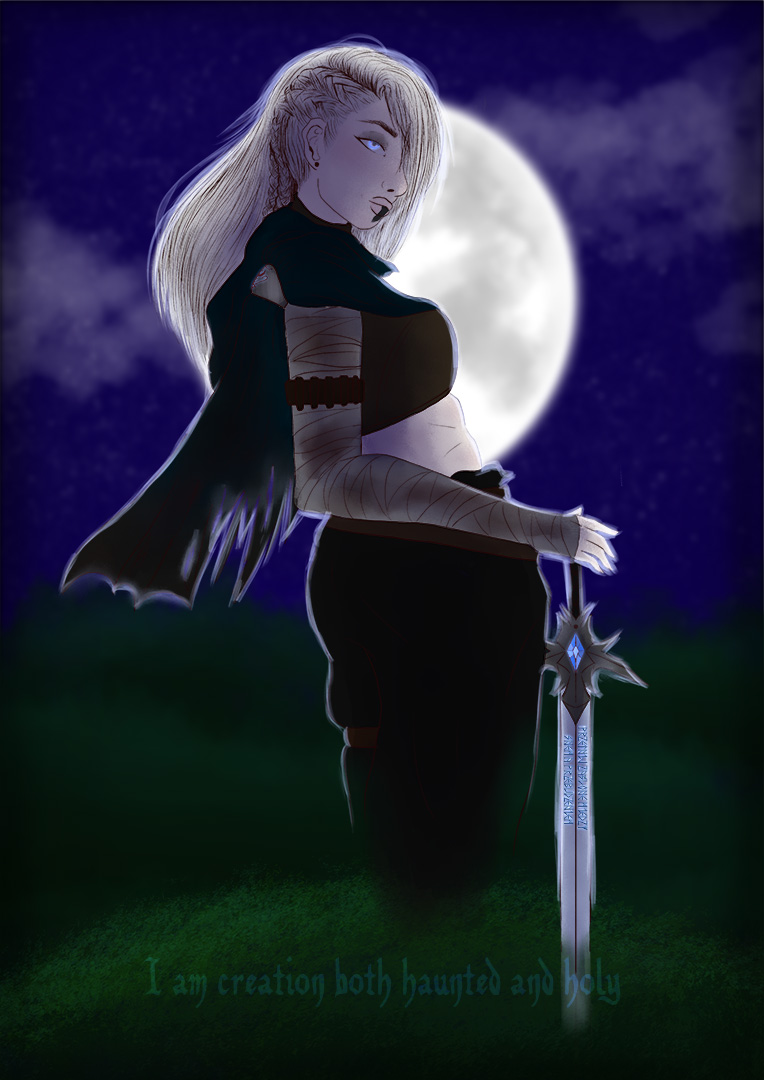 Illustration of blonde woman holding sword in moonlit field