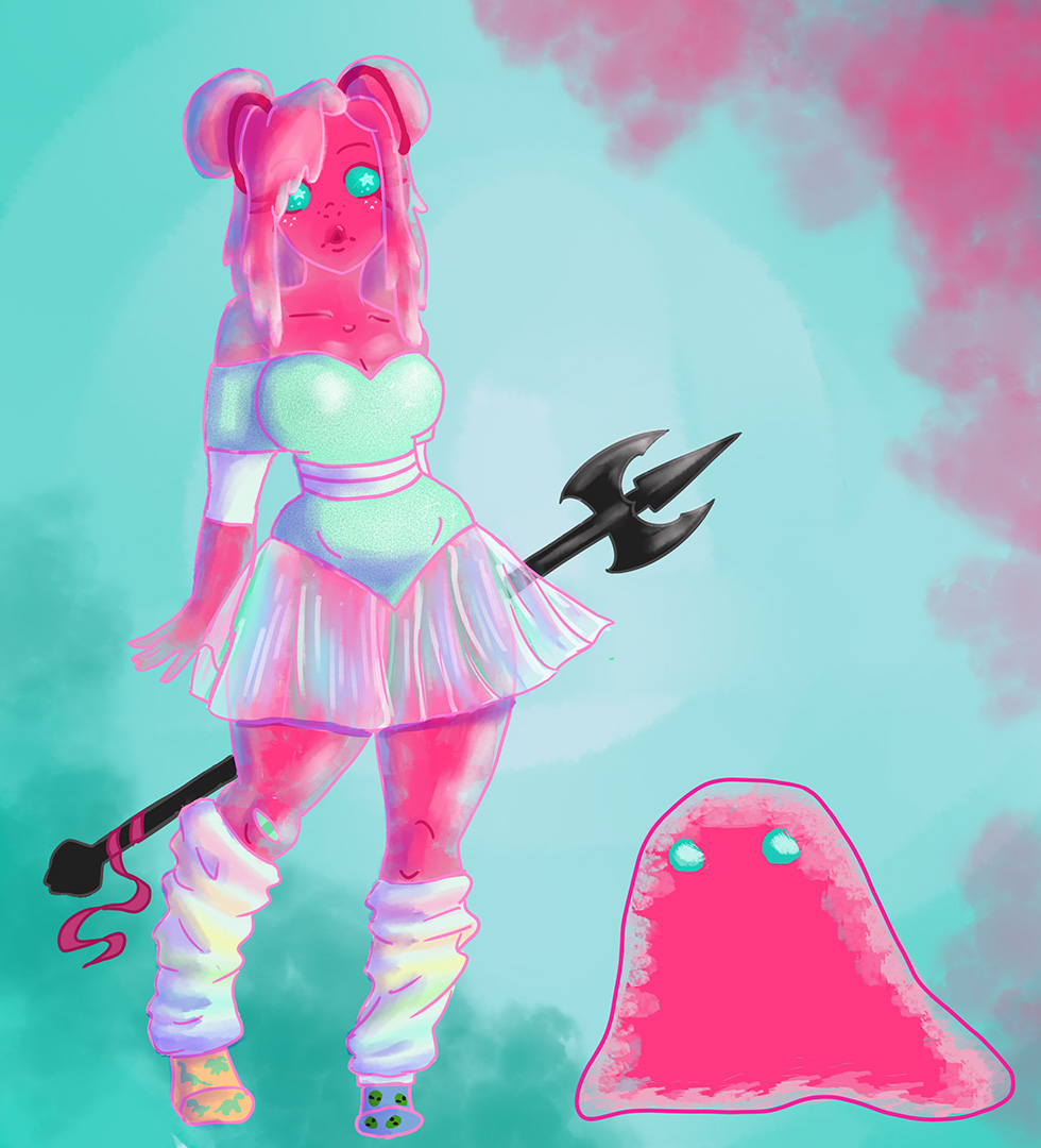 Illustration of pink girl holding trident next to pink blob with eyes