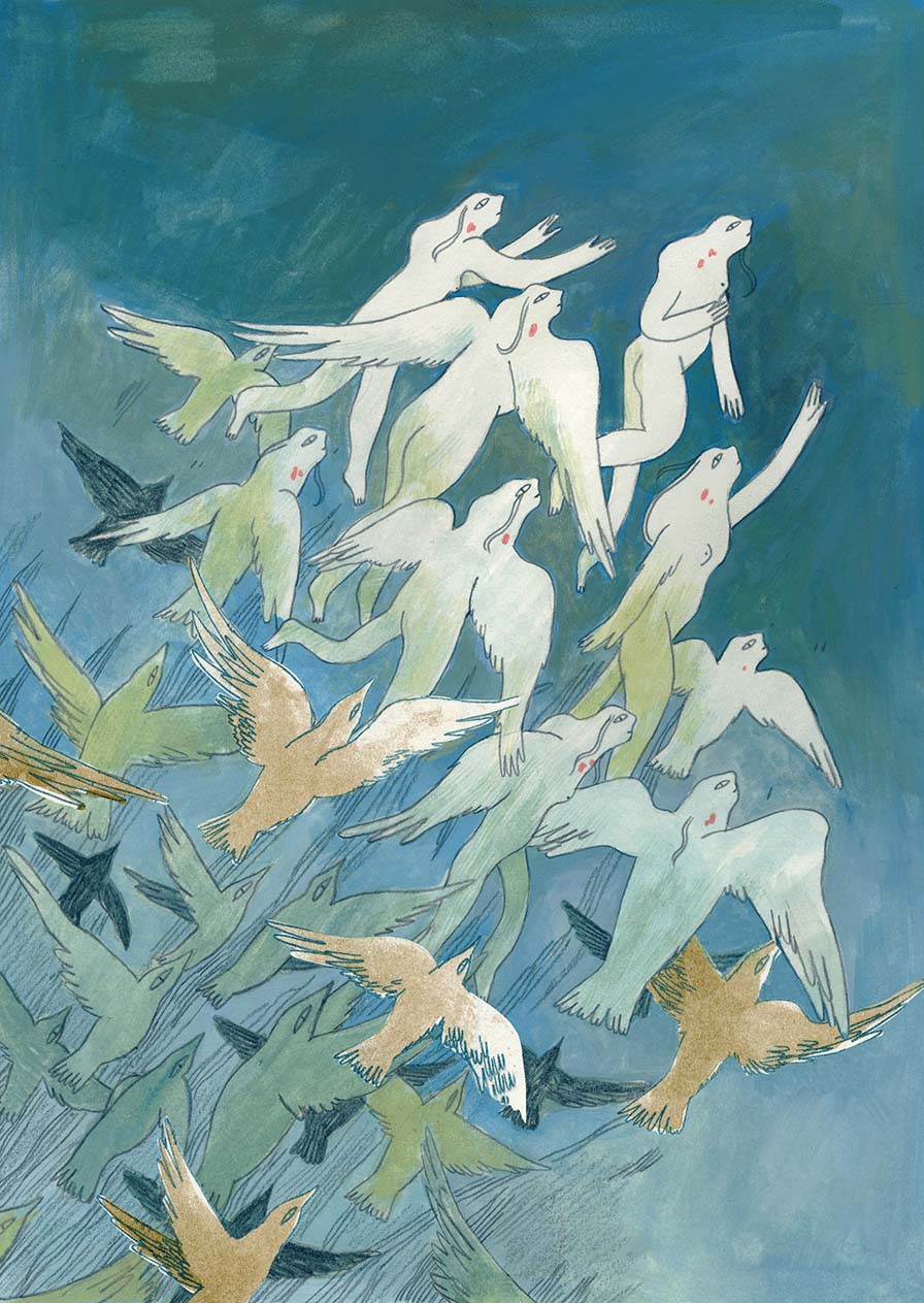 Illustration of birds rising into sky and becoming humanoid