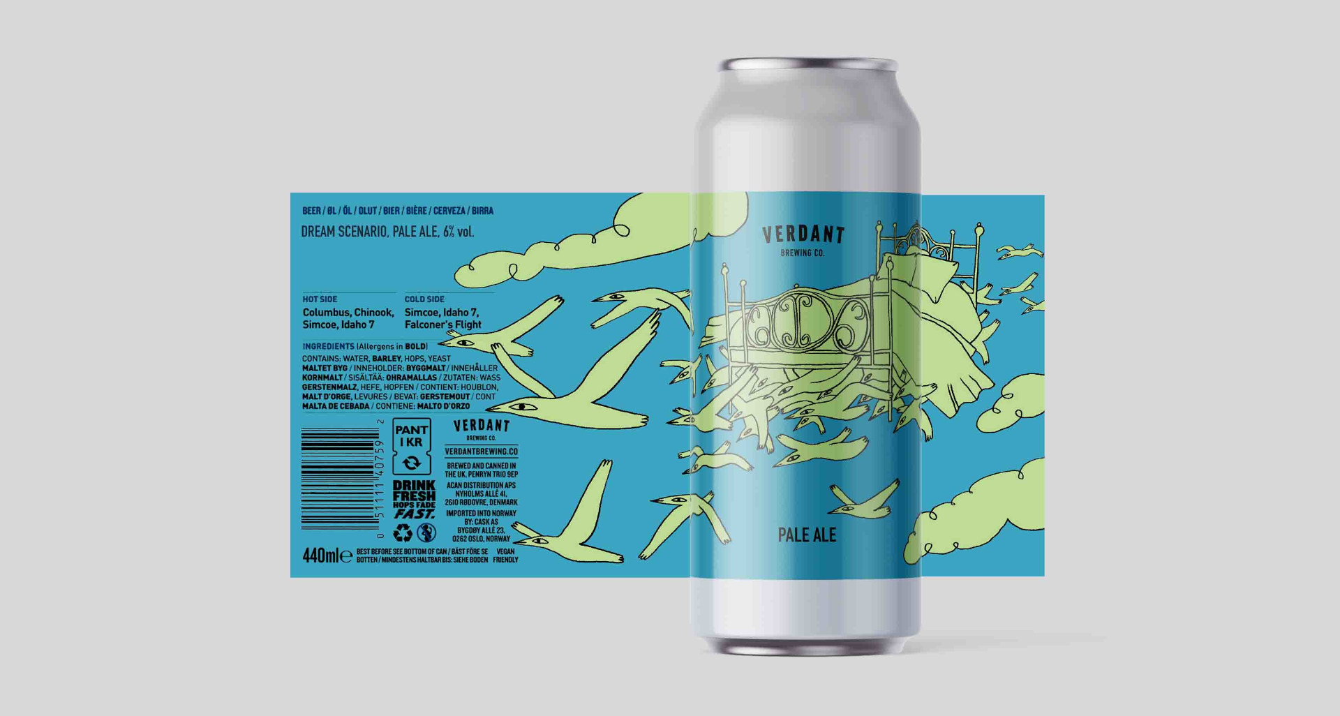 Packaging design for drink can with illustration of birds and a bed