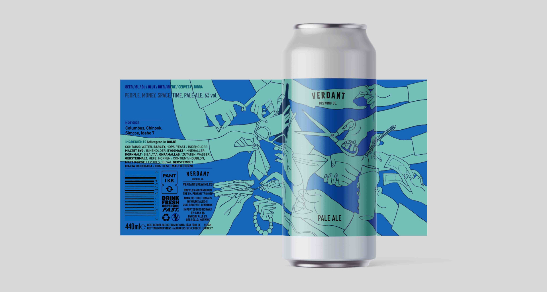 Packaging design for drink can with illustration of many hands doing craftwork