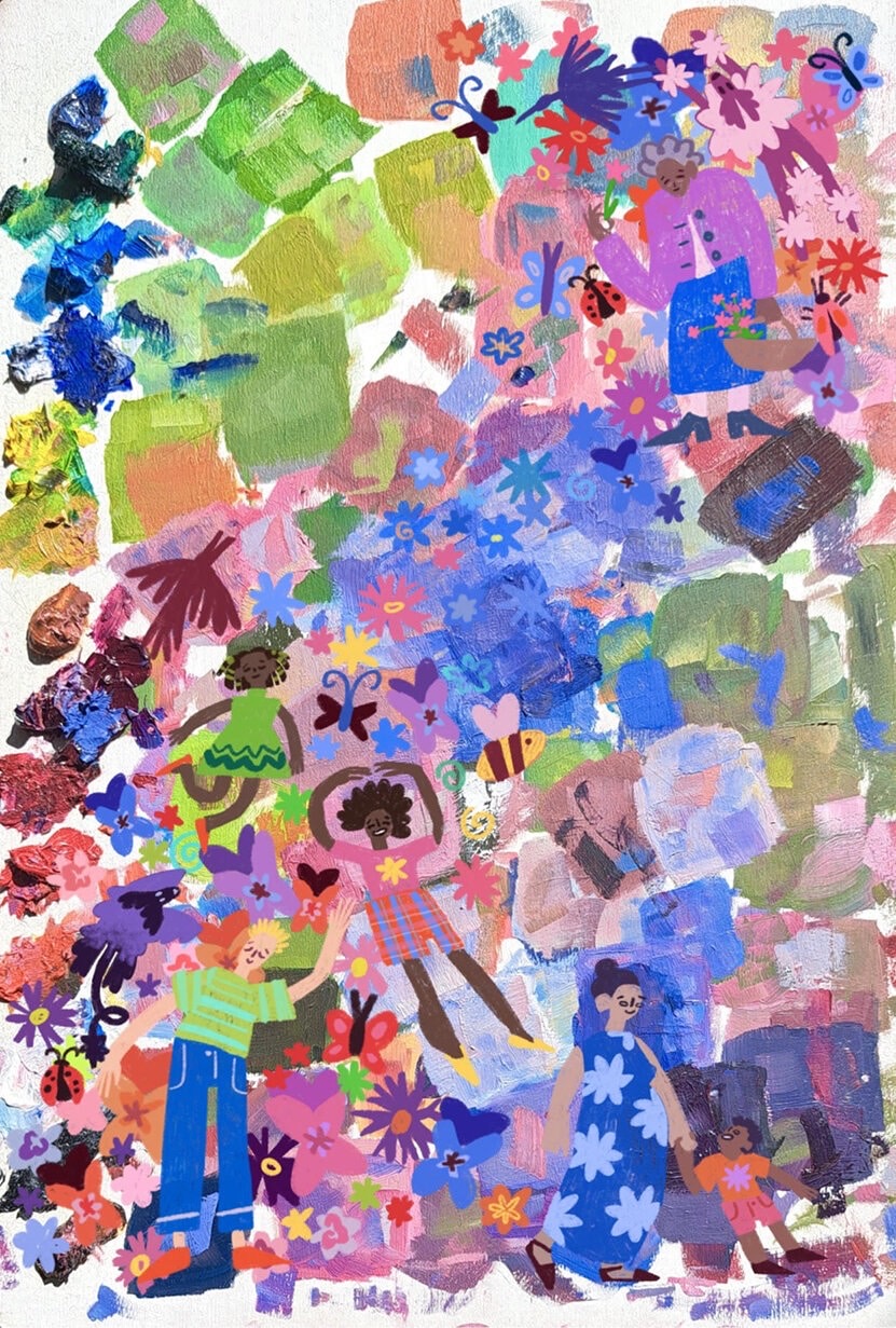 Illustration of people surrounded by spring-like images and colours