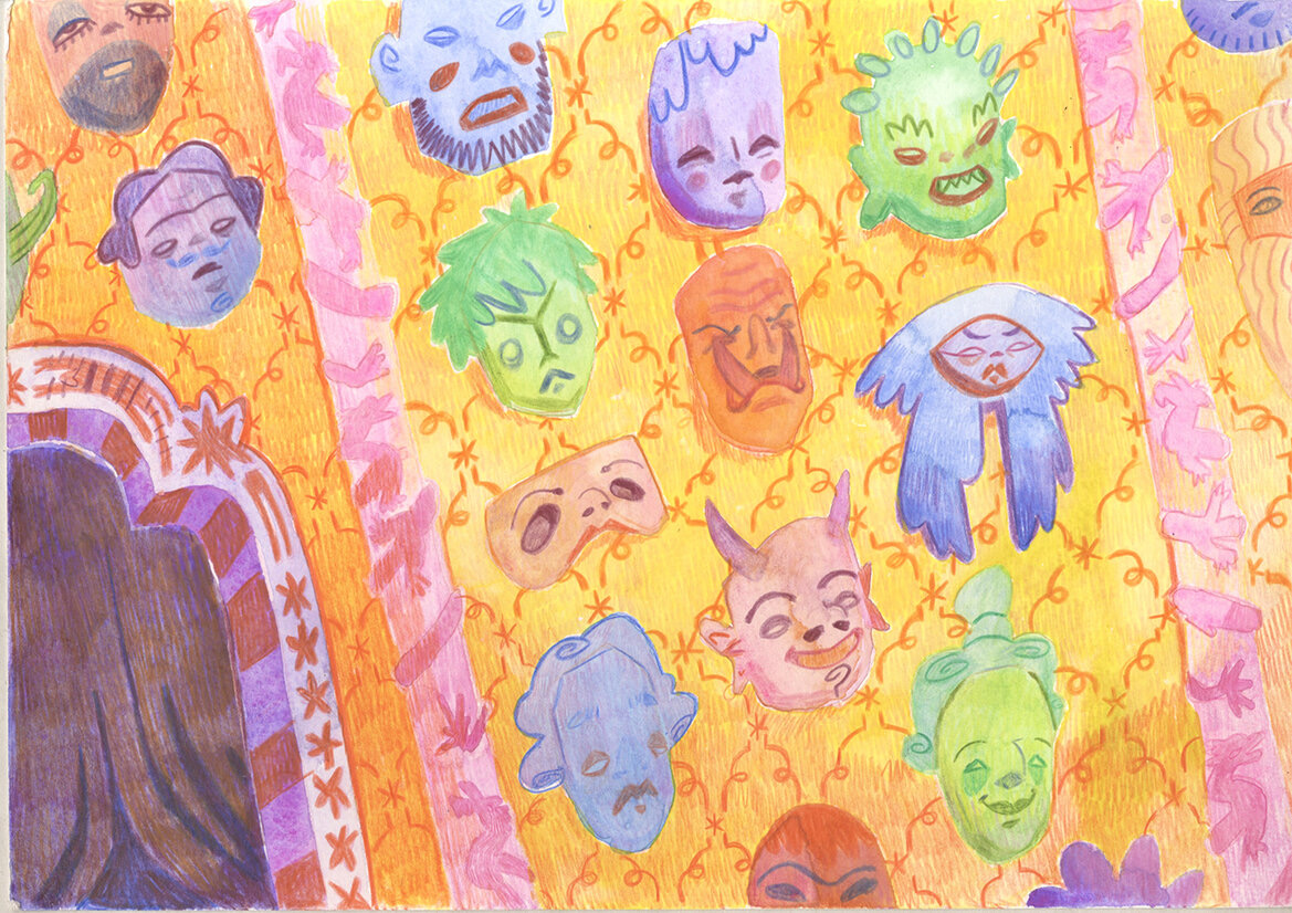 Illustration of masks on wall