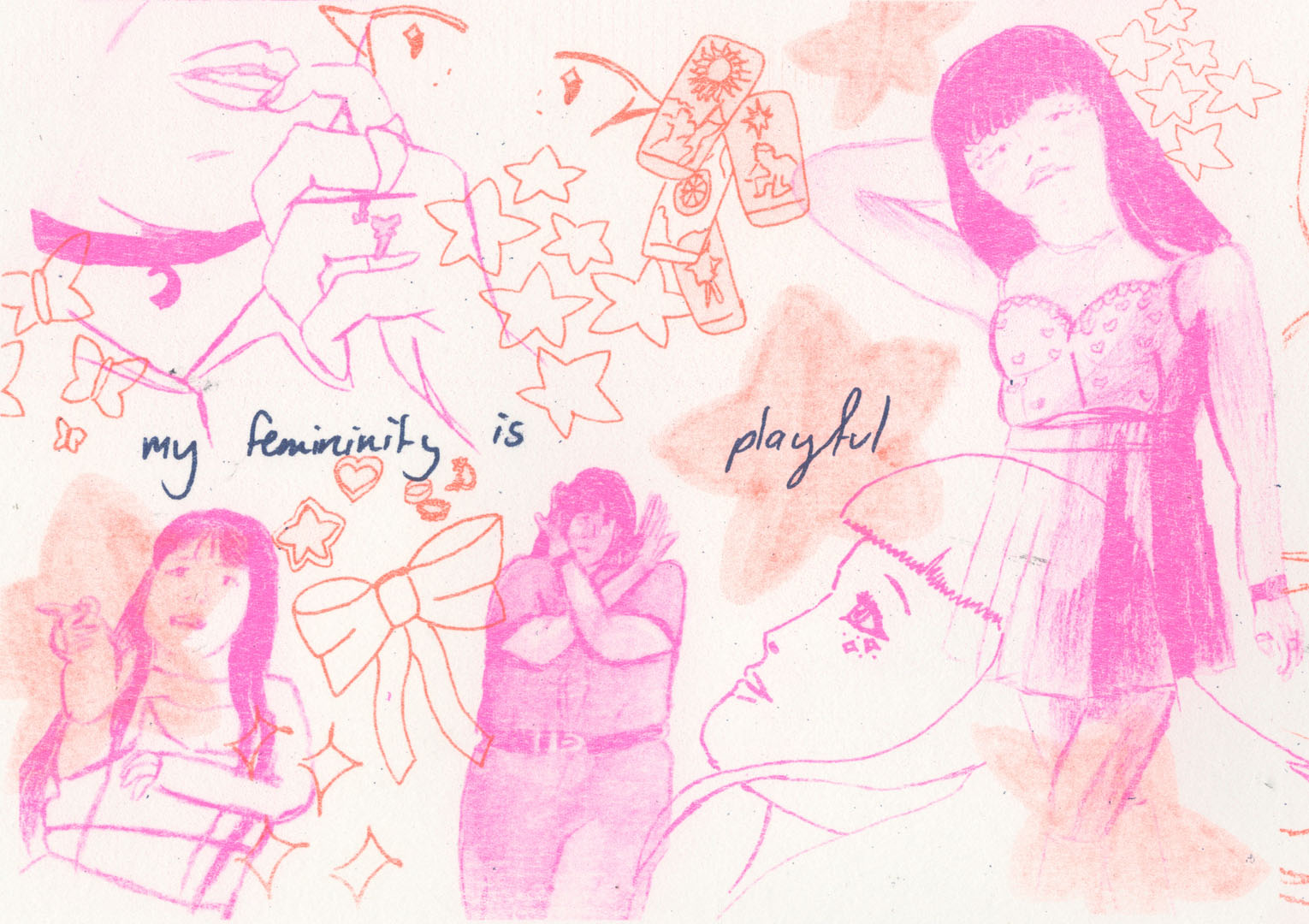 Pink and orange illustration of women in different poses