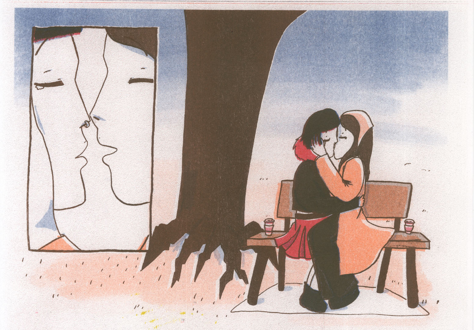 Comic book spread showing two women kissing on bench