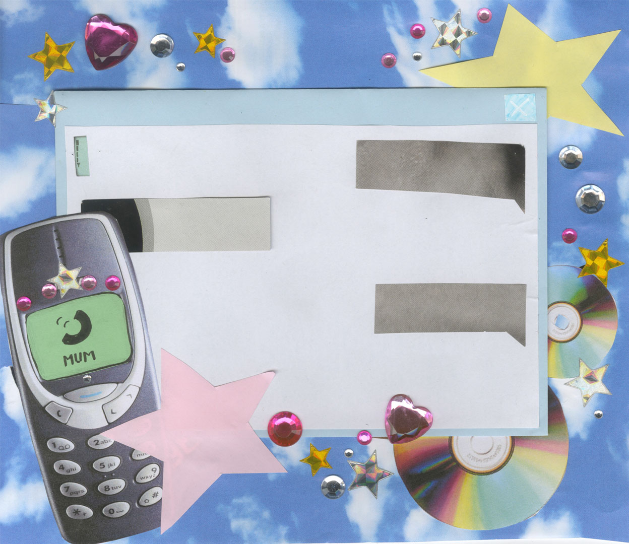 Collage of objects including mobile phone, CDs, stars and heart-shaped balloons