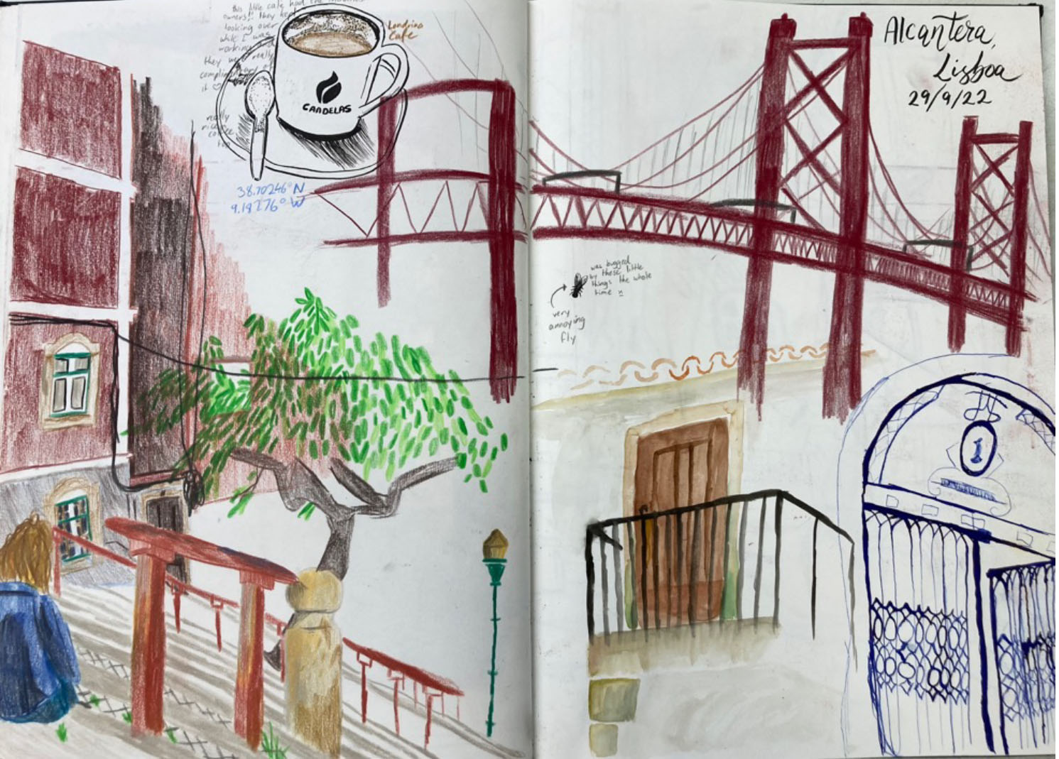Sketchbook spread with drawings of Lisbon.