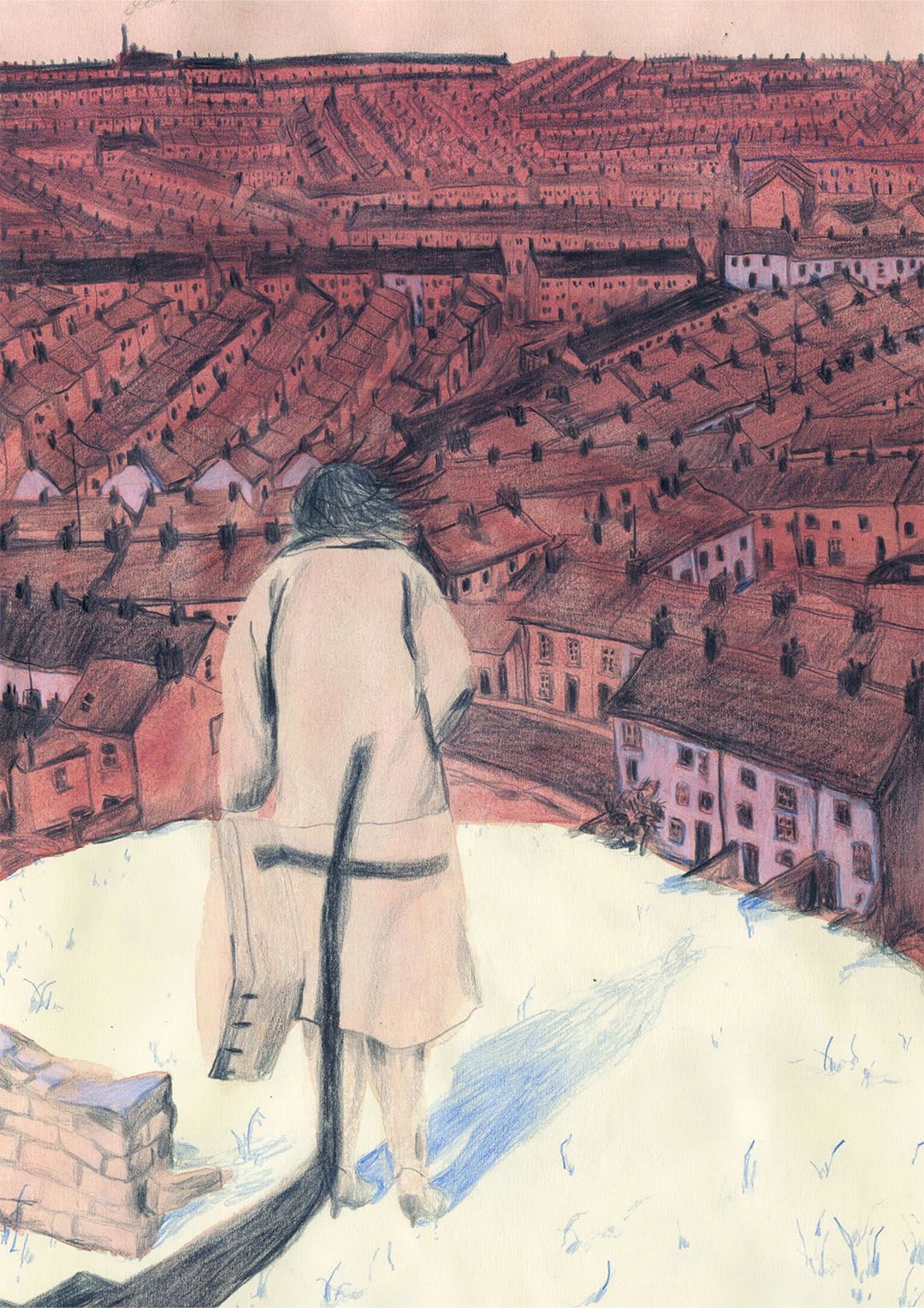 Illustration of person looking over town with shadow of cross on their back