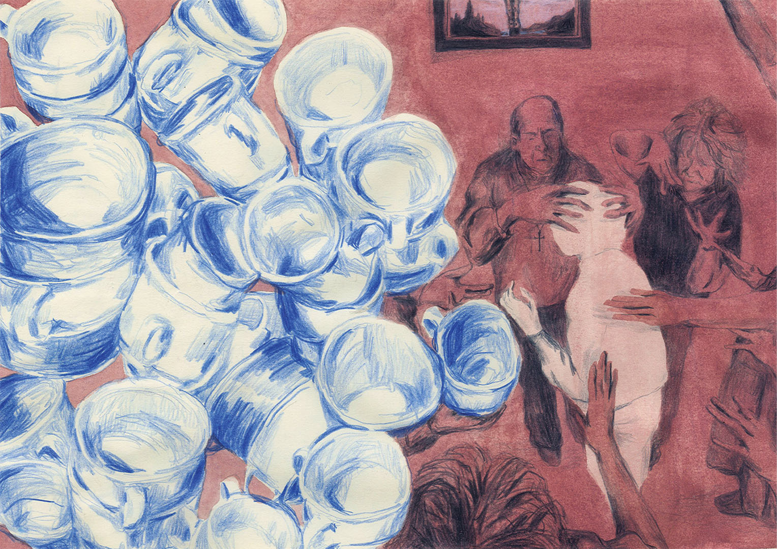 Illustration of pile of mugs next to people laying hands on another in church