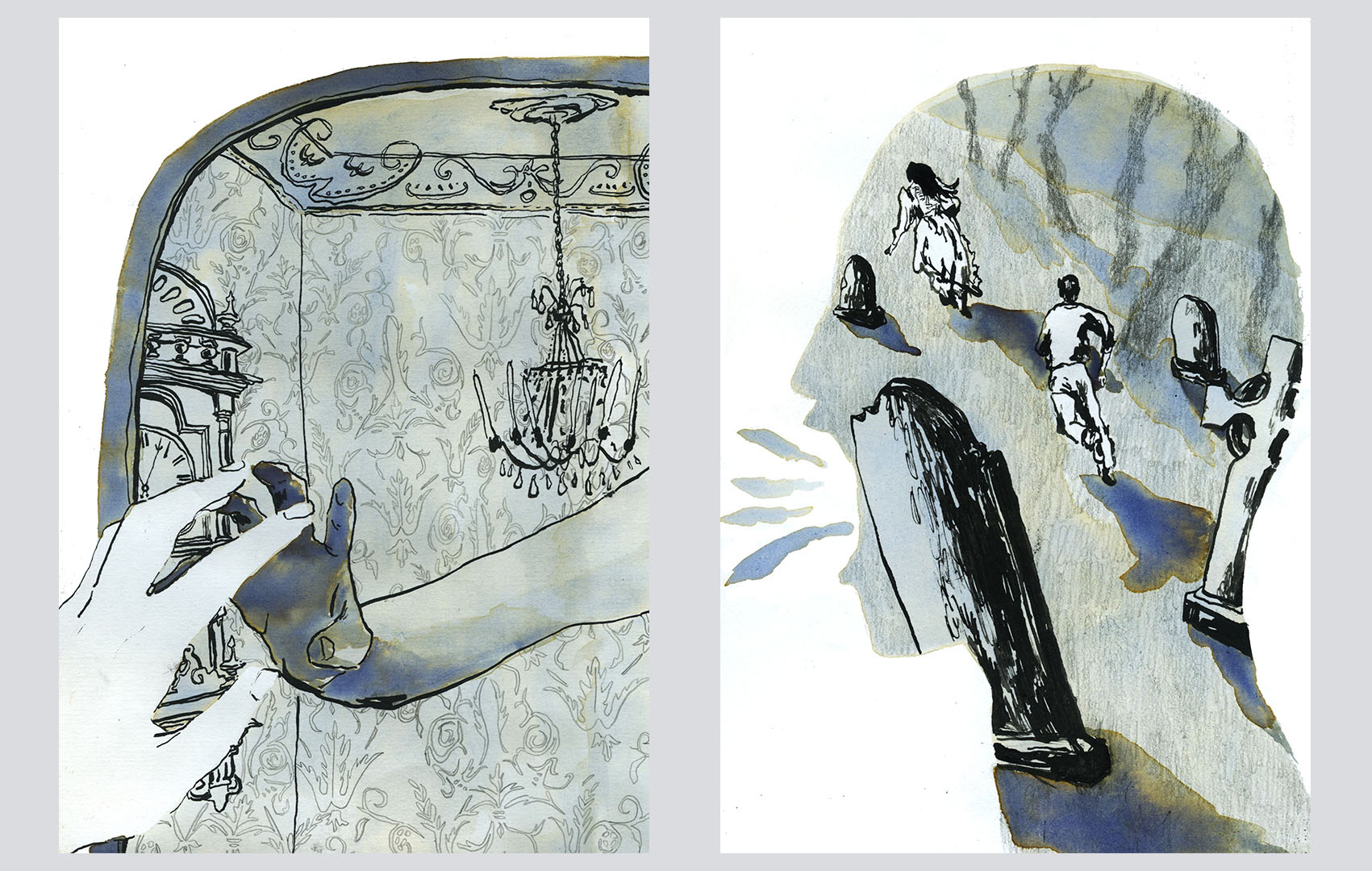 Illustration of hand reaching to mirror next to illustration of boy chasing girl through graveyard