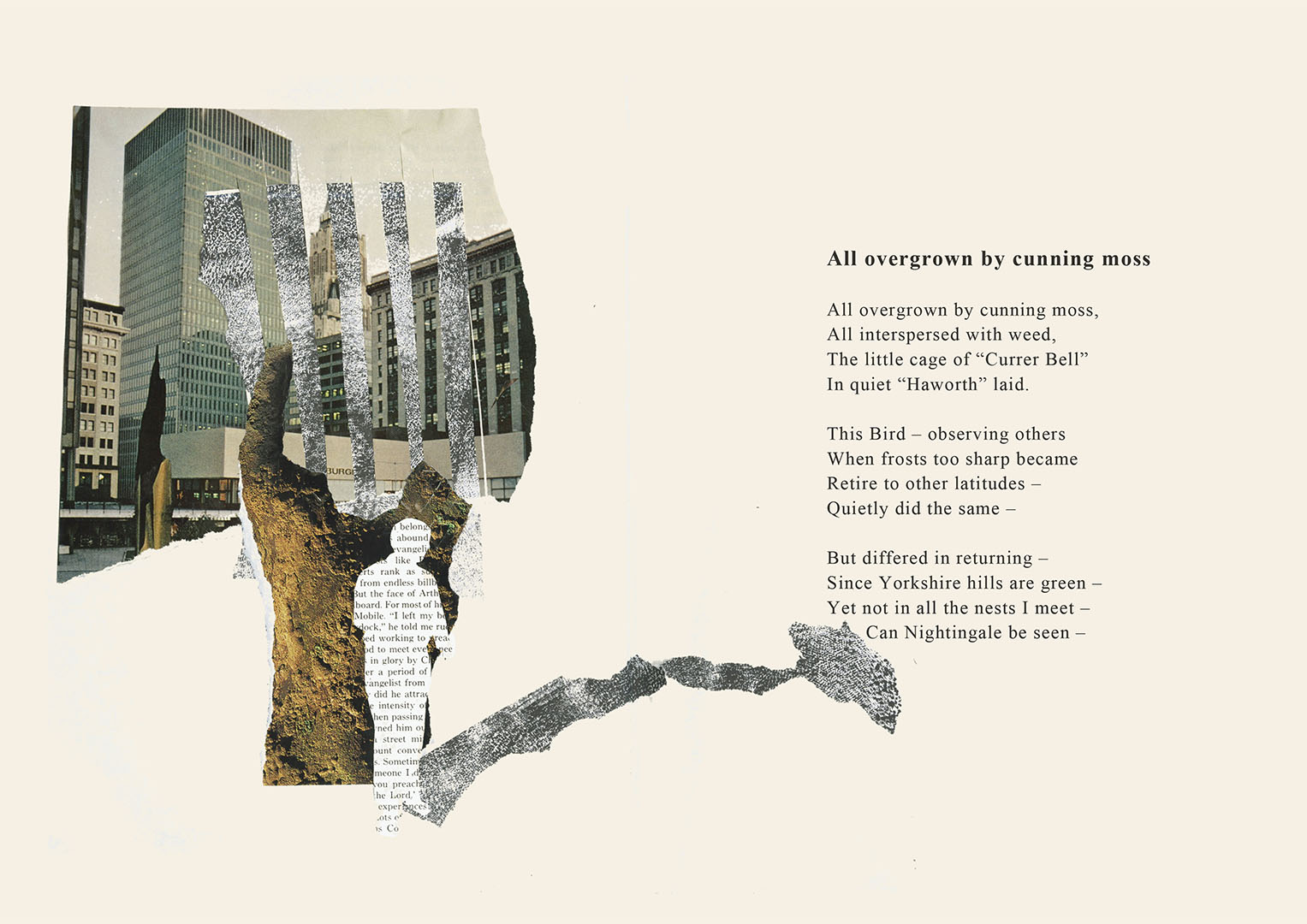 Cut-out of city, tree and person next to poem