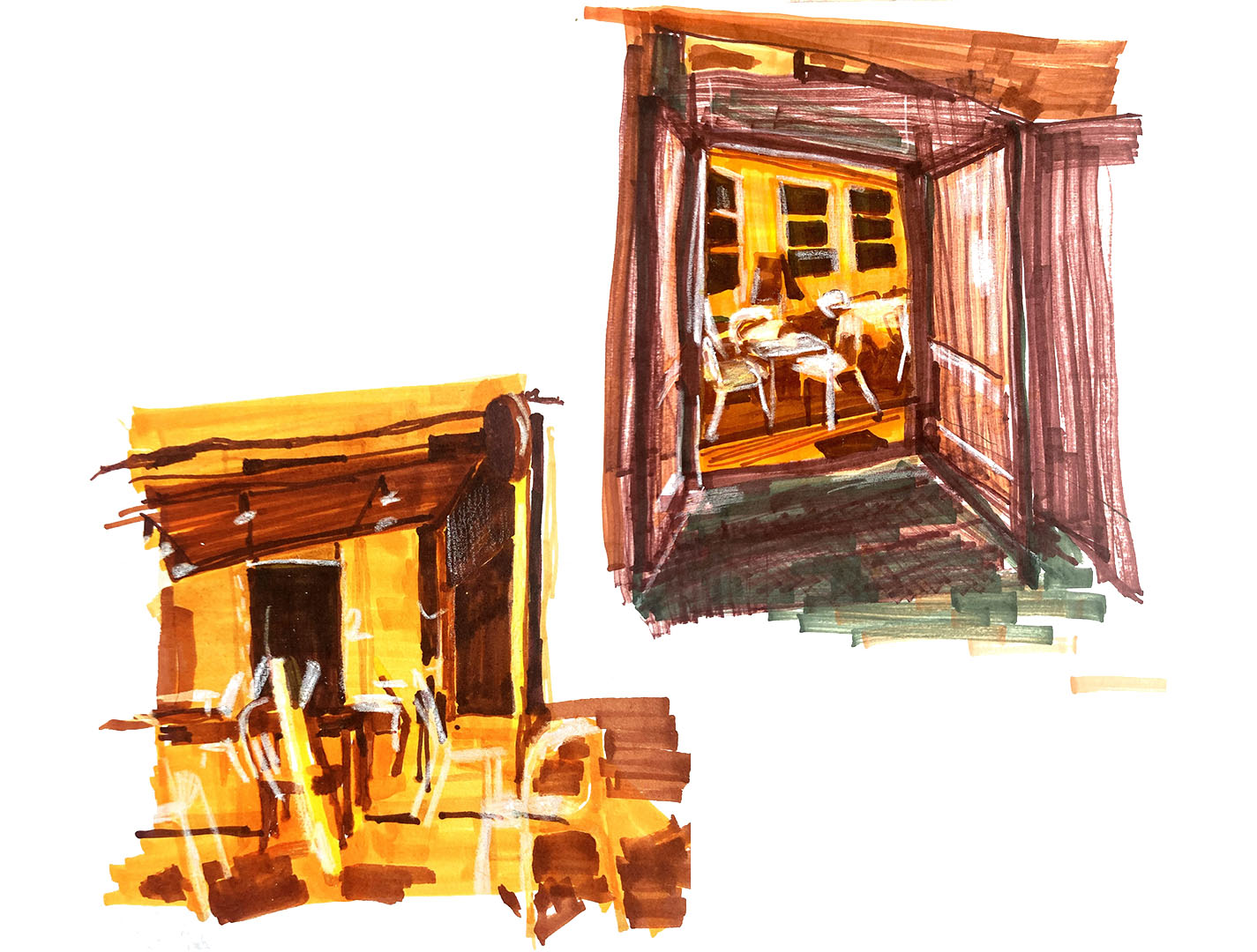 Two illustrations of empty cafe