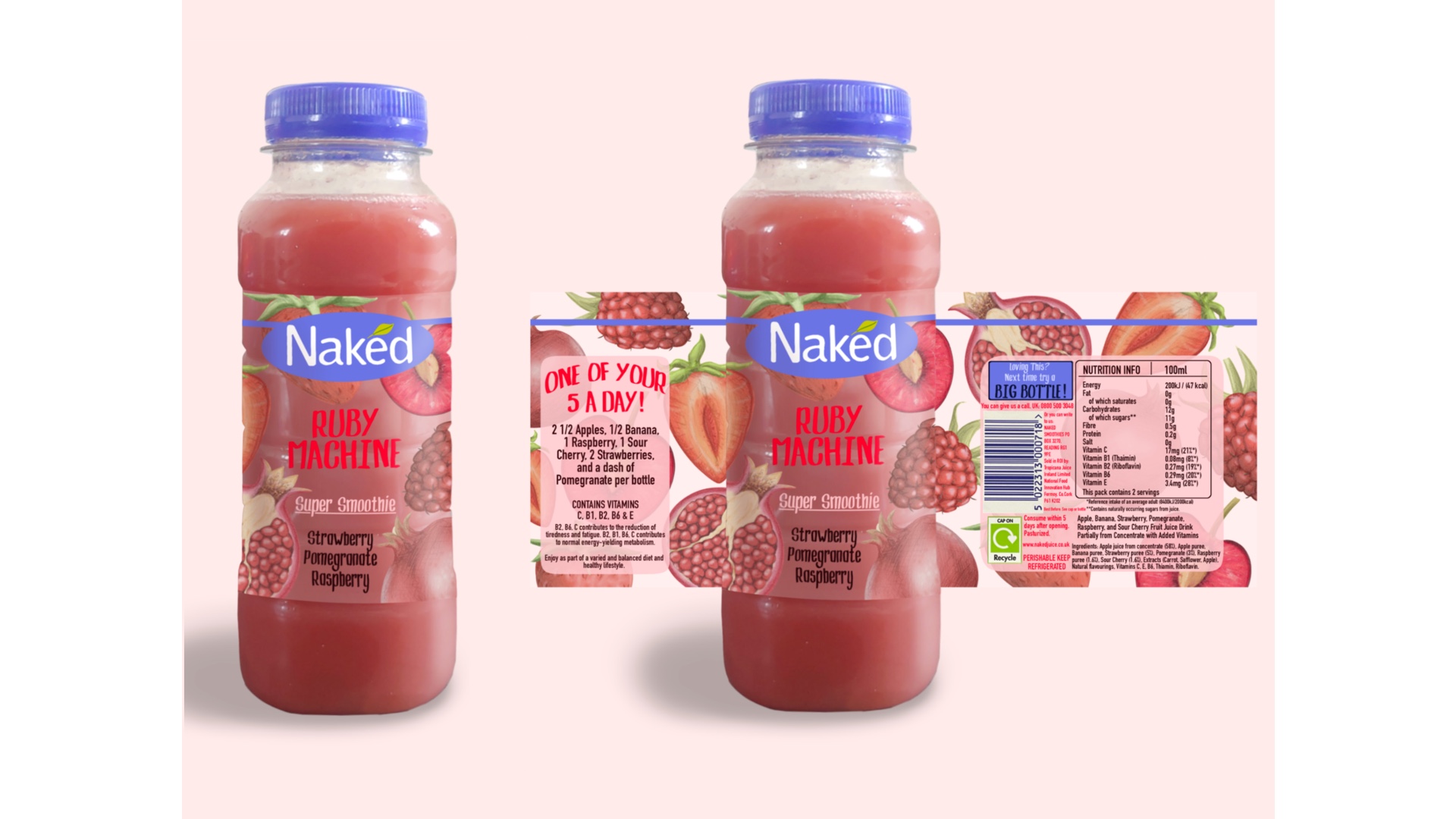 Two fruit drink bottles with label design