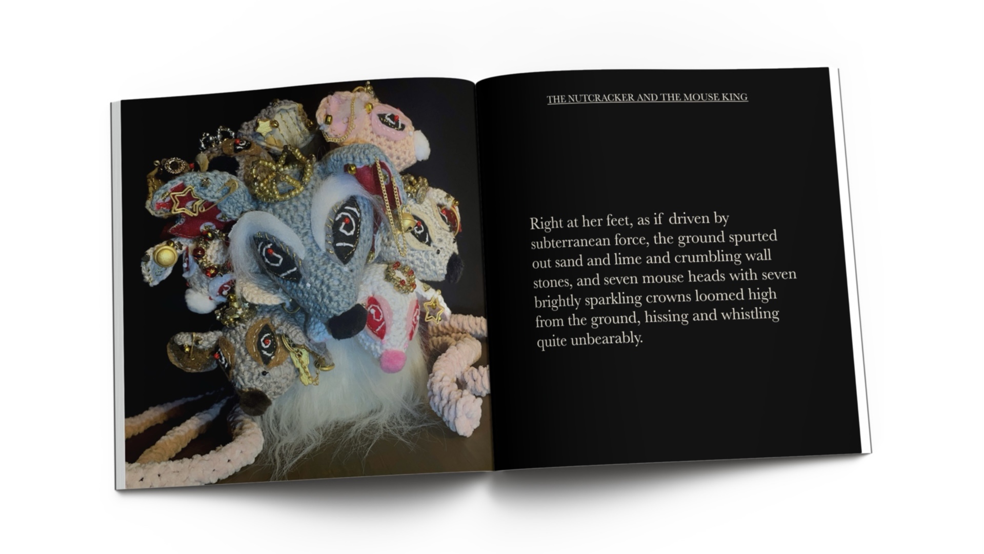 Book spread with photo of knitted mouse with seven heads on left and text on right