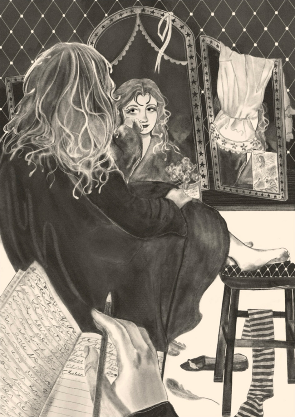 Illustration of girl looking in mirror and someone behind her writing in book