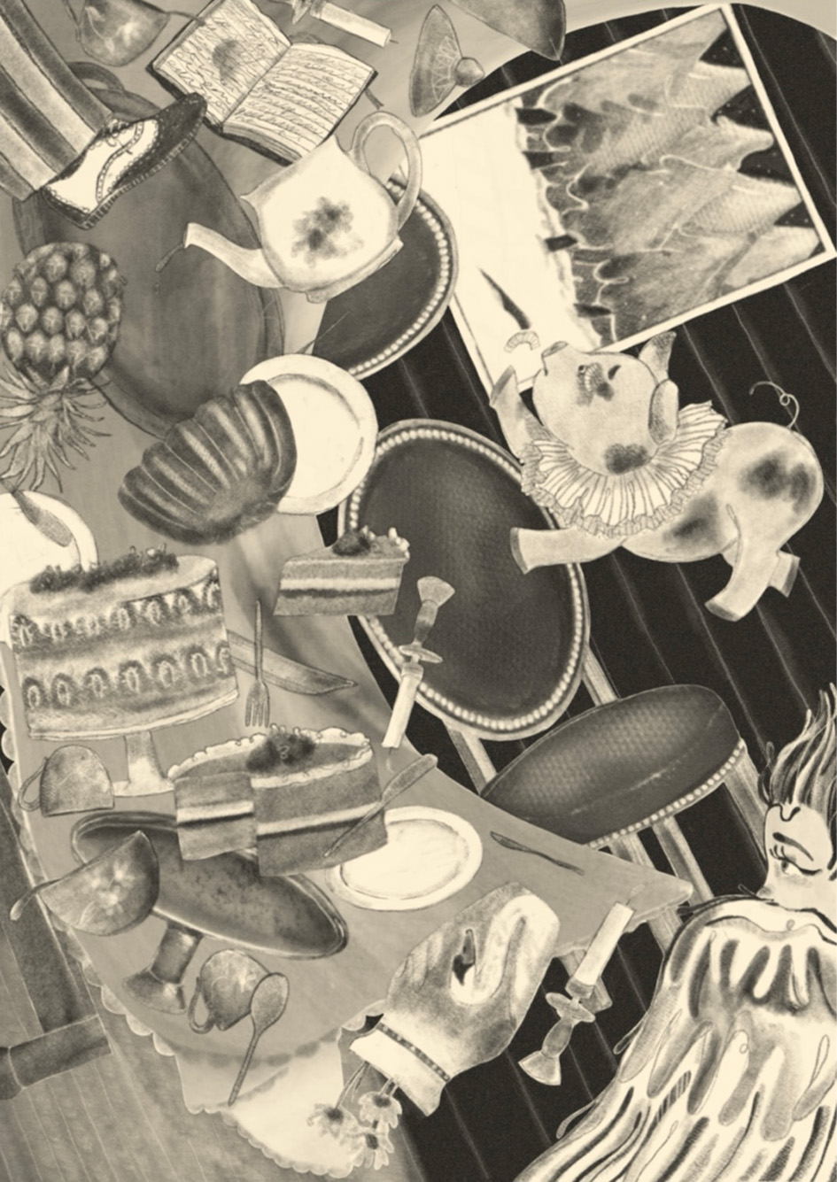 Illustration of many different objects on table sent flying by ruff-wearing pig