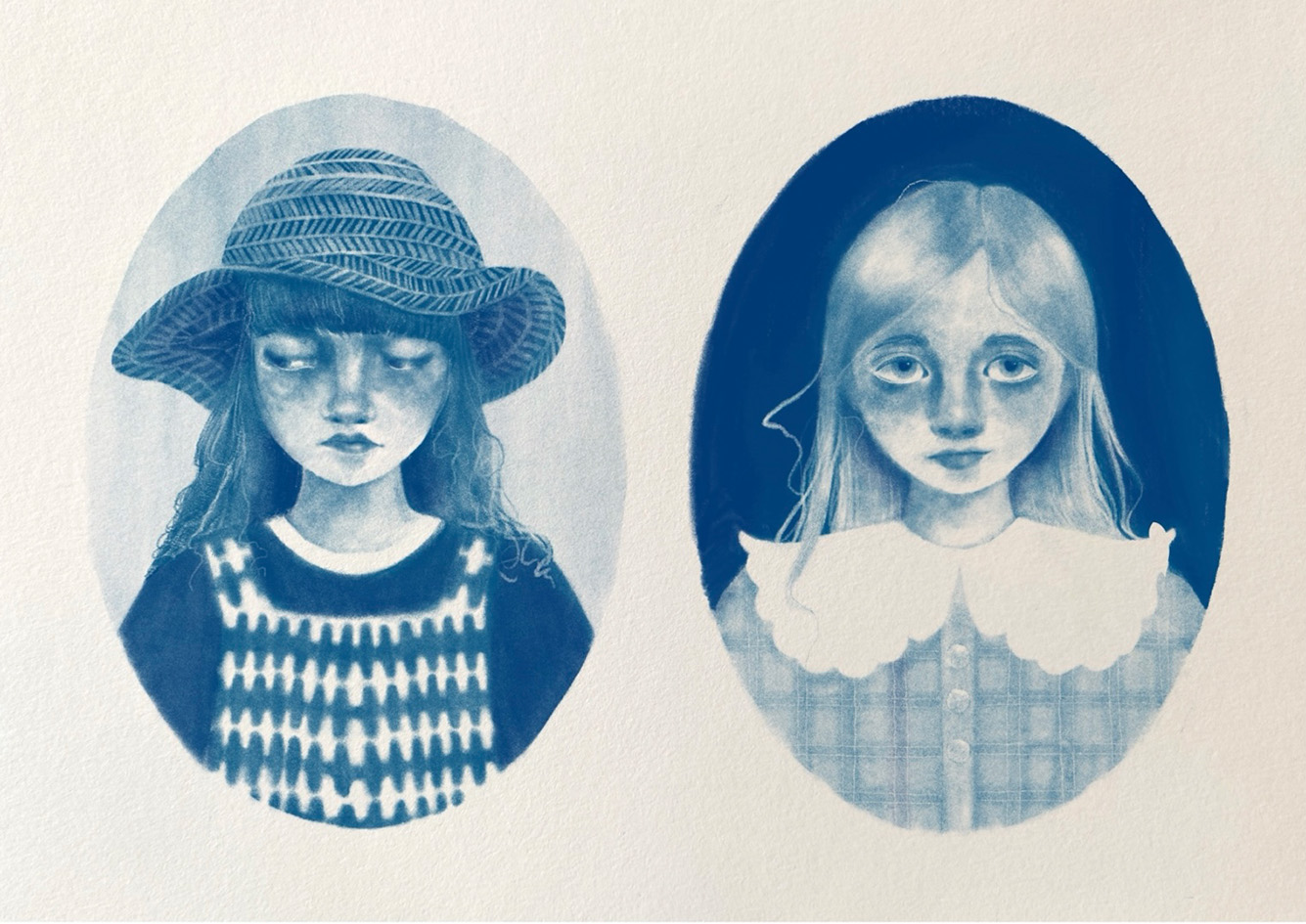Two cameo illustrations of young girls