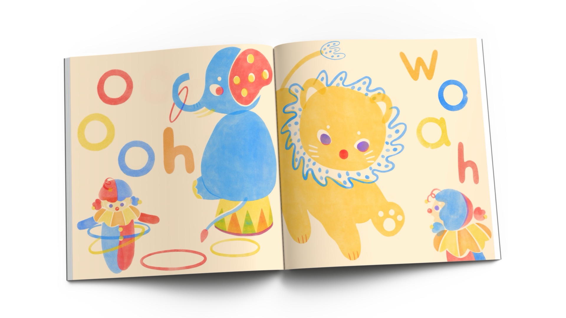 Picturebook spread with clown and elephant on left, giant cat and clown on right