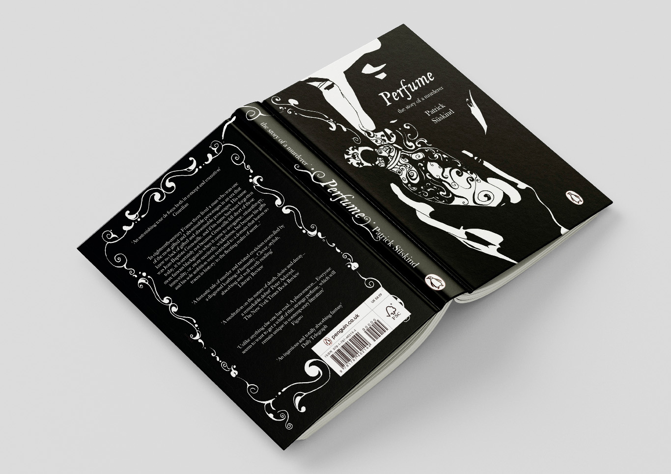 Black book cover with illustration of person sniffing ornate perfume bottle