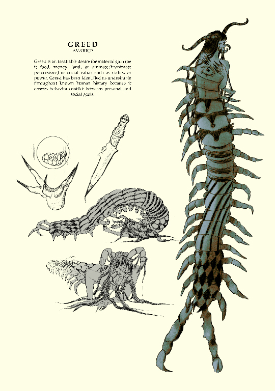 Illustrations of centipede with human face