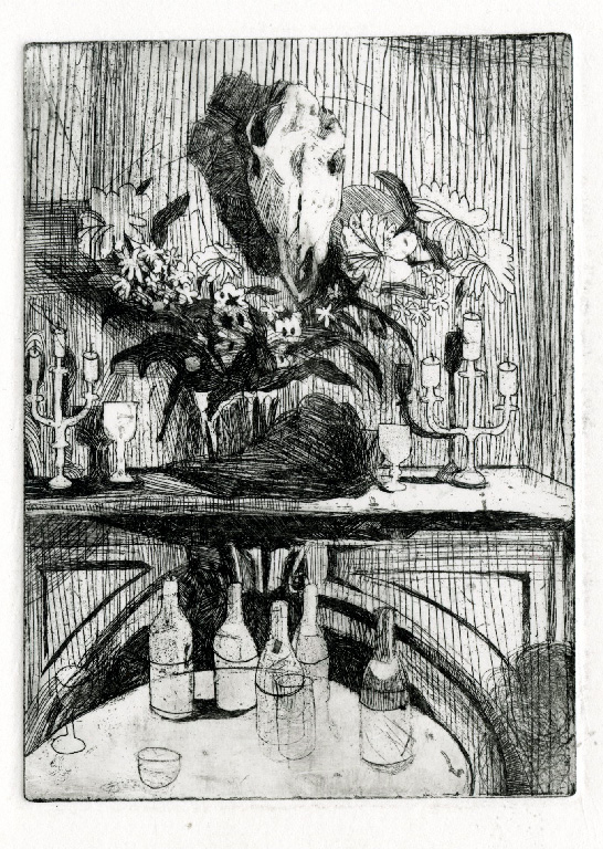 Etching of room with large table holding candlesticks and glasses beneath animal skull