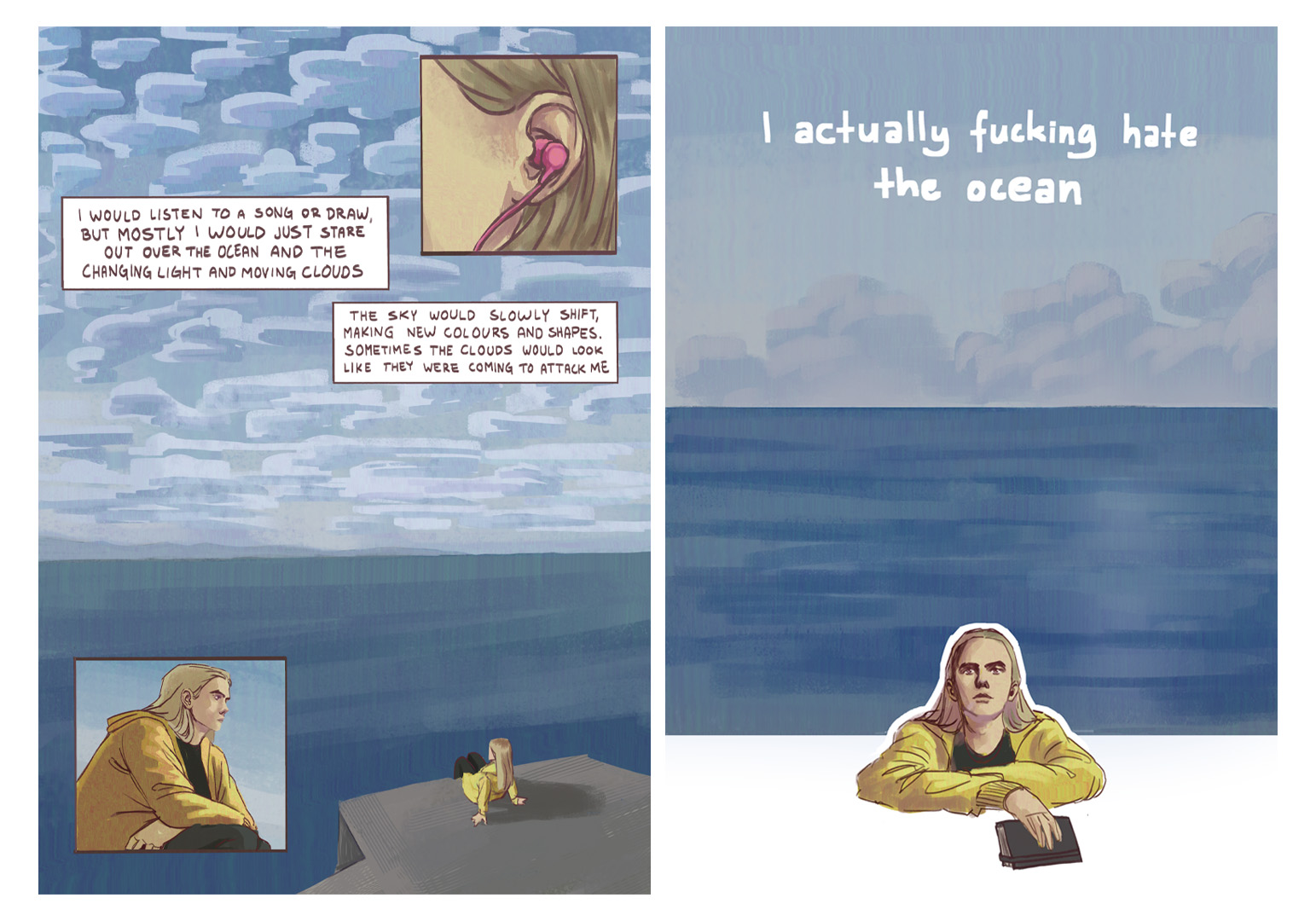 Comic strip spread of woman looking out to sea