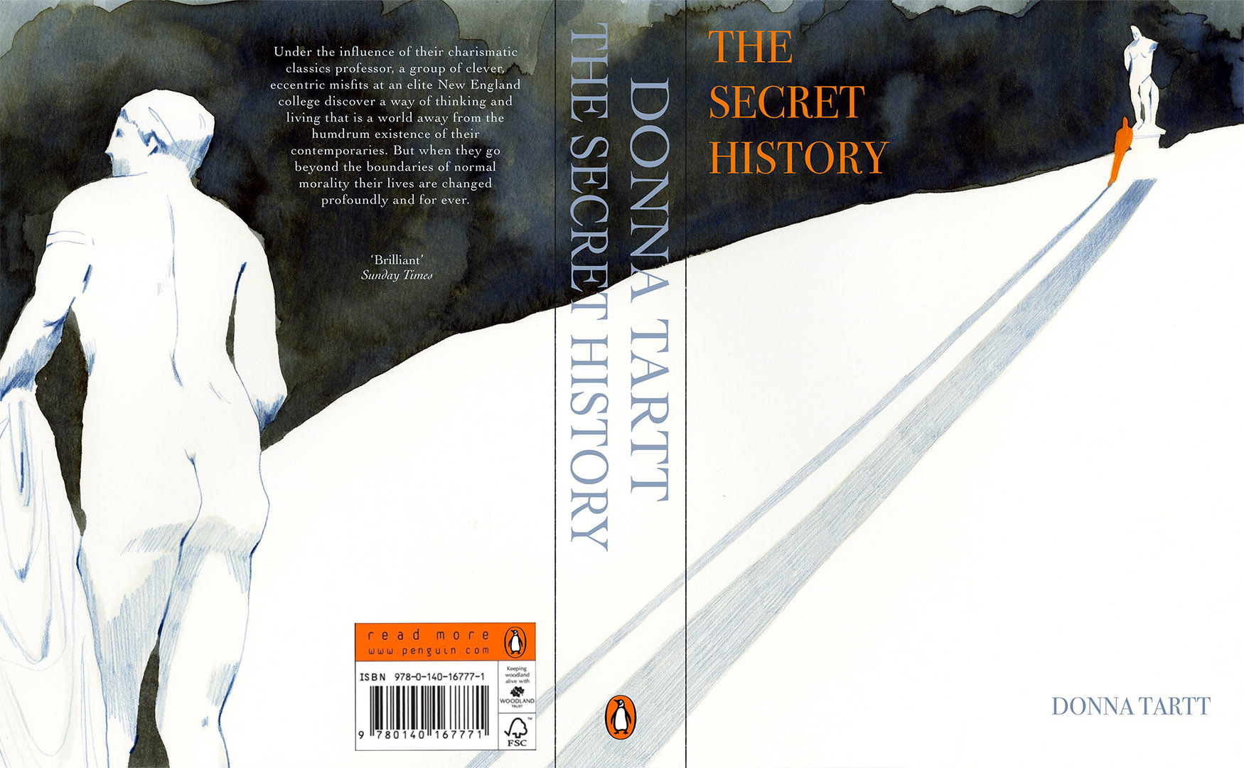 Book cover for The Secret History featuring illustration of two statues with figure standing beneath one