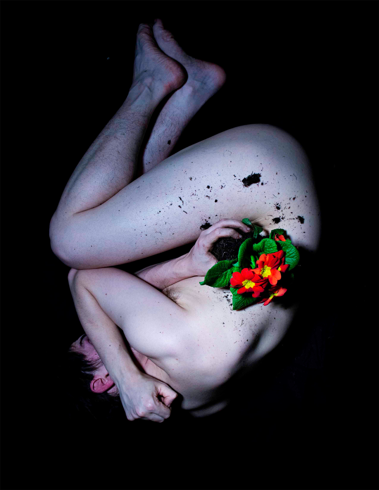 Photo of naked man curled up and holding flowering plant