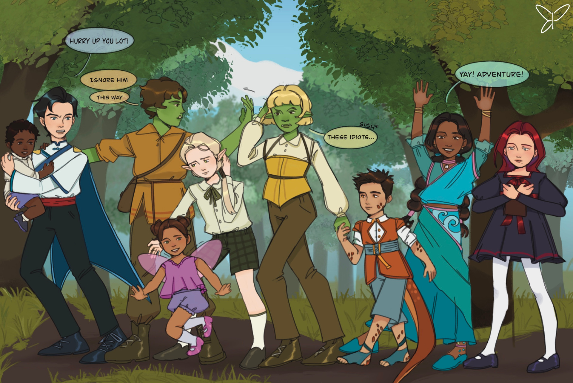 Illustration of nine children dressed in fantasy costumes
