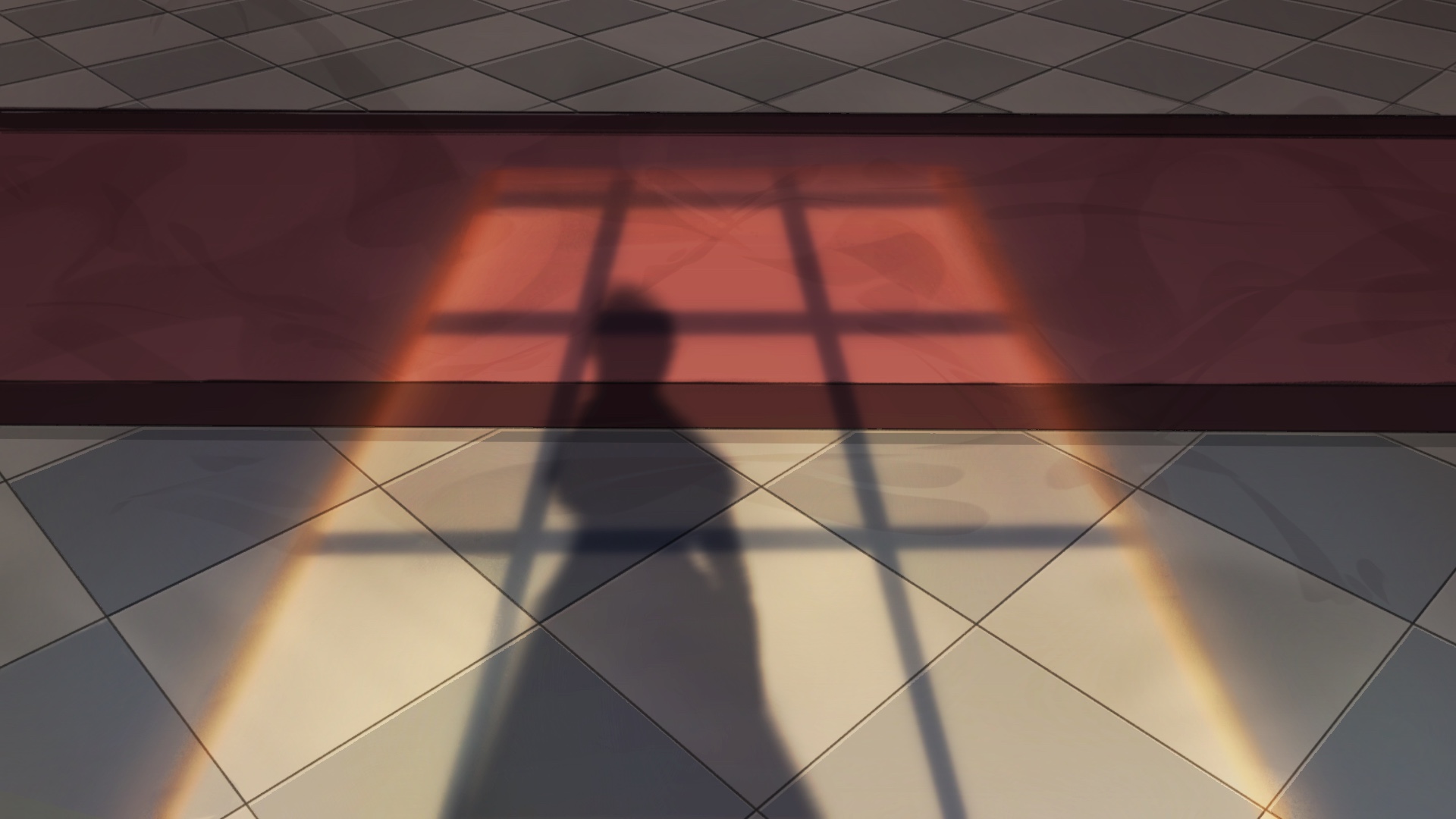 Illustration of woman's shadow cast on tiled floor