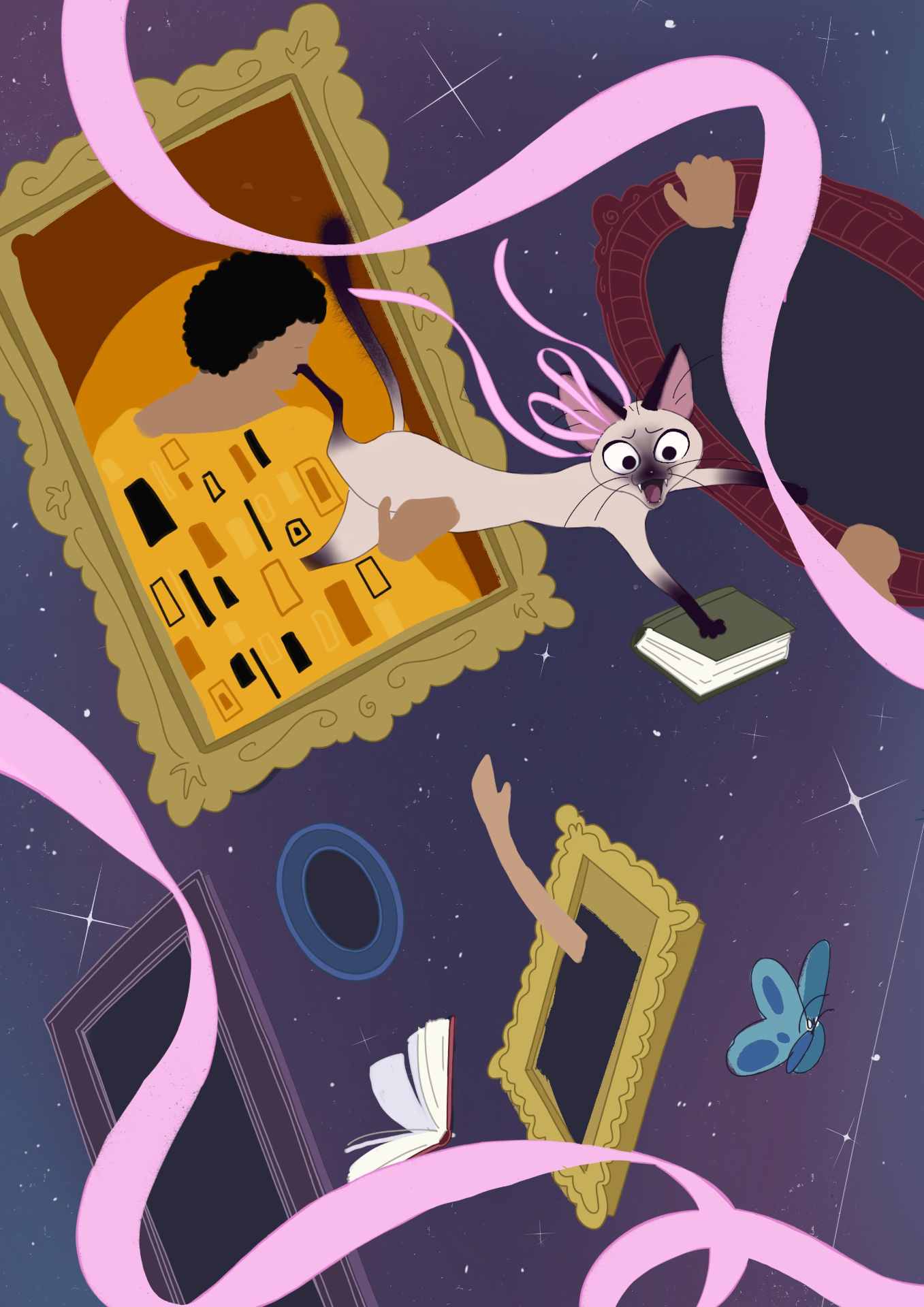 Illustration of Siamese cat falling through room with picture frames, books and a butterfly