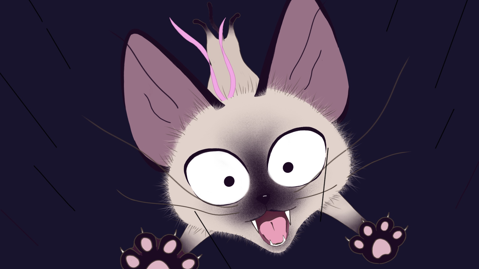 Close-up illustration of falling Siamese cat's face