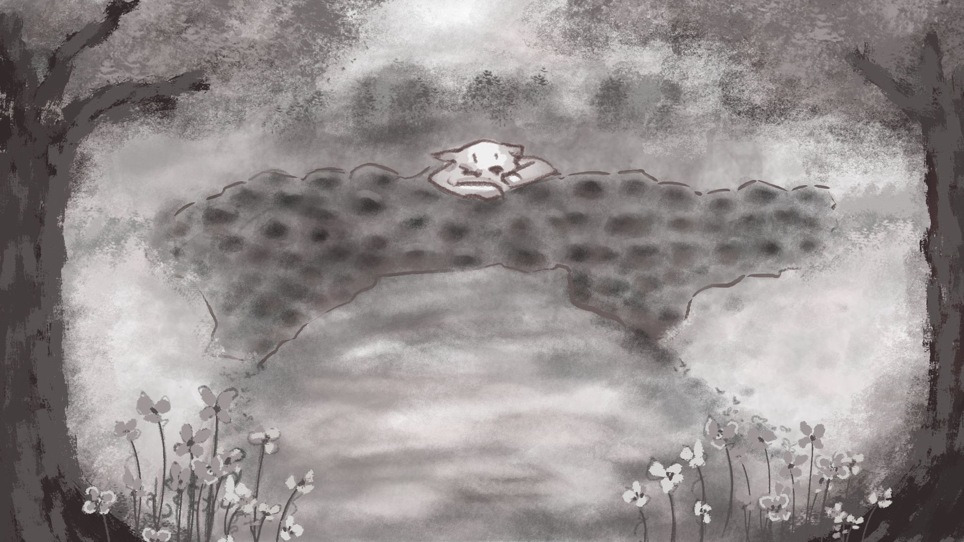 Monochrome illustration of dog peekin up from behind bush in countryside