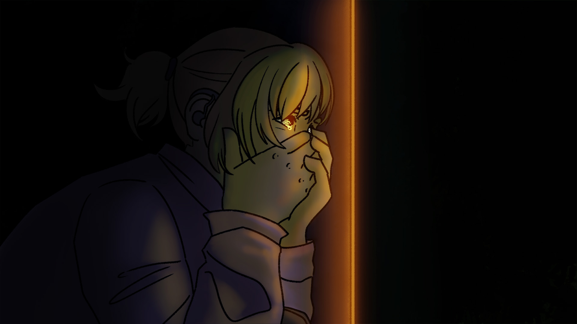 Illustration of girl peeking through door with hands over mouth and crying