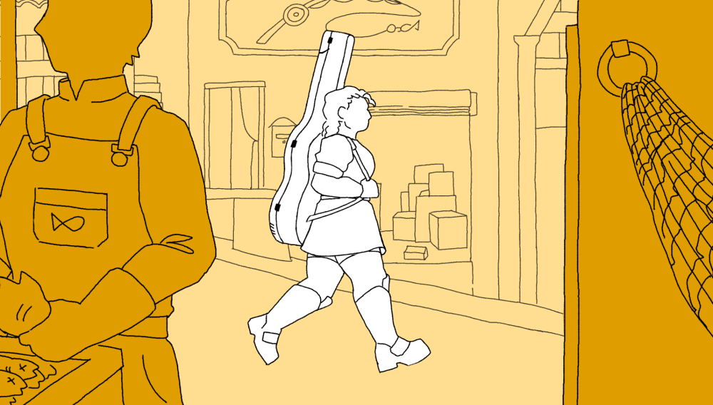 Illustration of someone walking past shops with guitar on back and fishmonger in foreground